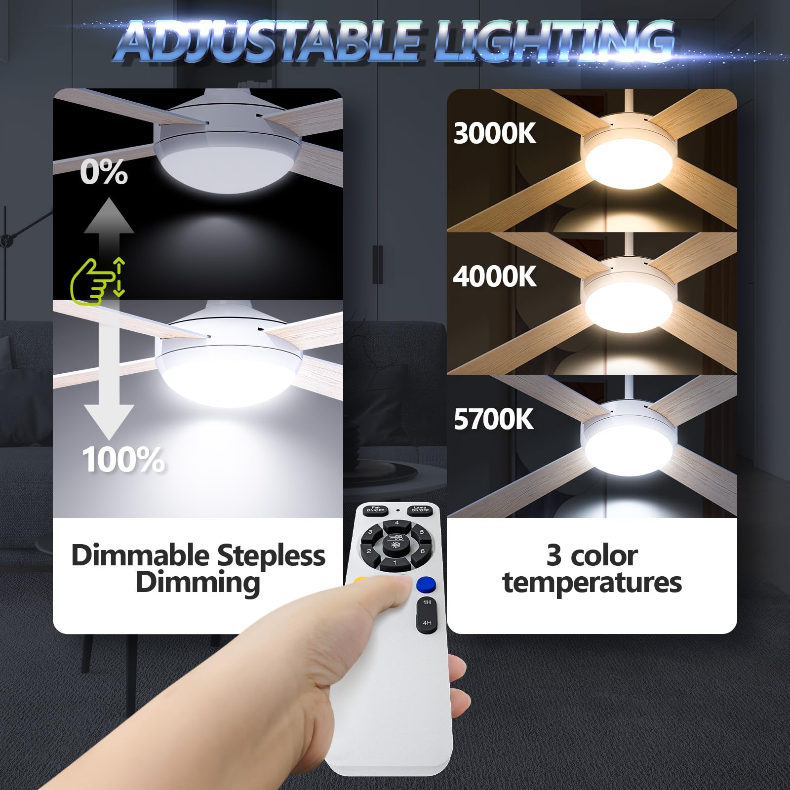 HOOLED Ventilatore da soffitto con luce DC Motore Brushless, 4 Lama 52 inch, velocità del vento regolabile a 6 velocità con funzione di temporizzazione, luce LED regolabile in 3 colori