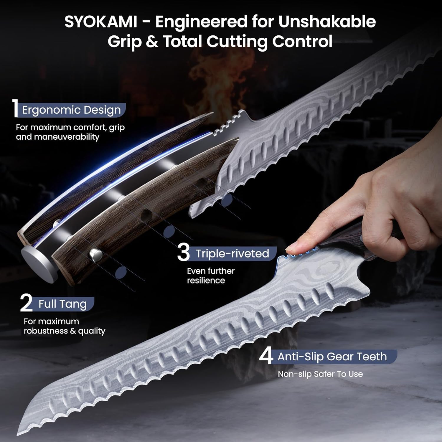 SYOKAMI Offset Brotmesser für selbstgebackenes Brot, 26,7cm Nachschärfbares Brotmesser Wellenschliff, Ultrascharf zum Schneiden von Sauerteig, Ideal zum Schneiden von Kuchen, Obst und Fleisch