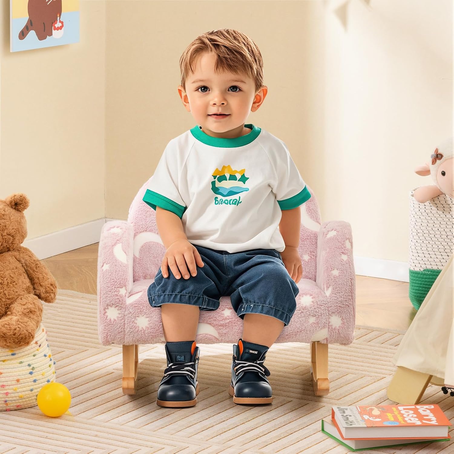 INFANS Kids Sofa with Glow in The Dark, Toddler Rocking Chair with Solid Wooden Frame Anti-Tipping, Upholstered Comfy Foam Children Chair for Kindergarten Playroom Preschool, Gift for Boys Girls