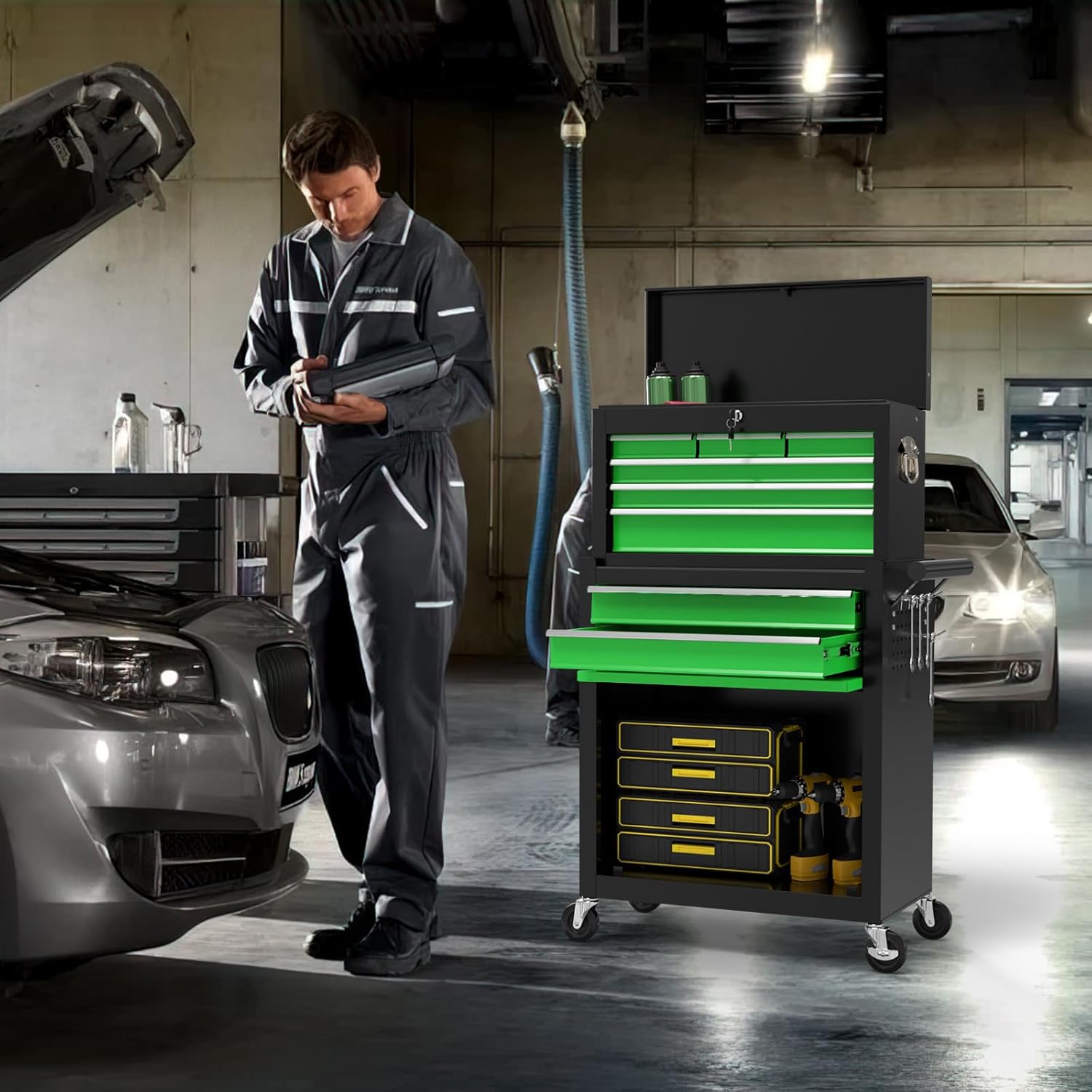 On Shine 8 Drawer Rolling Tool Chest, Large Capacity Rolling Tool Box with Wheels, Locking Mechanical Tool Chest, Portable Tool Box with Sliding Drawers for Garage Workshop and Tool Room （Black Green）