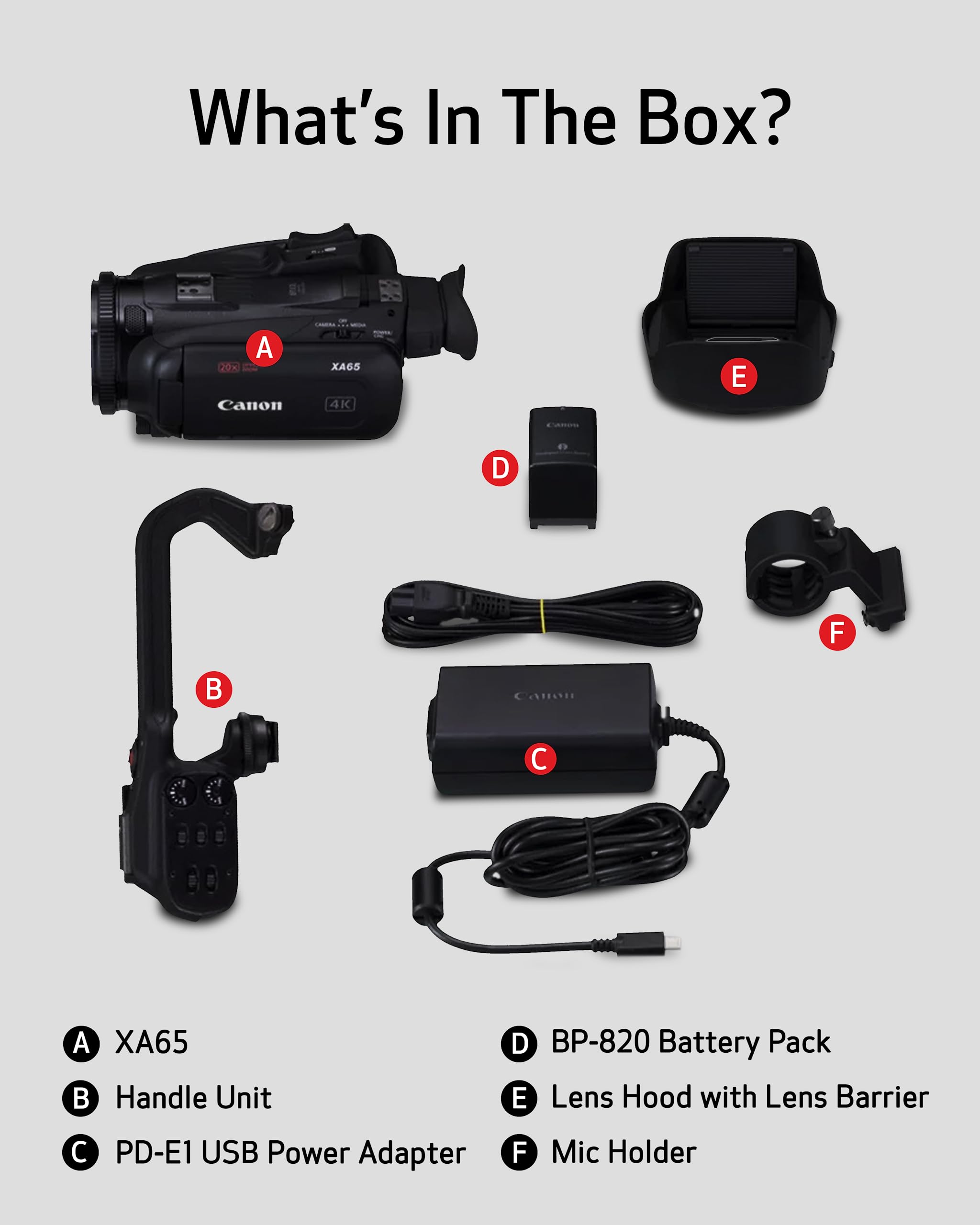 Contents of the Canon XA65 Pro Camcorder box including camcorder body, handle unit, lens hood, microphone holder, battery, and power adapter.