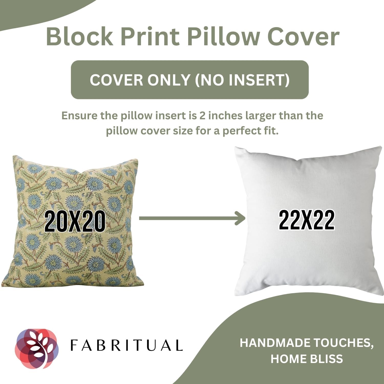 Pillow Covers Floral Hand Block Print Linen Blend 22X22 Throw Cushion Cover, Indoor Farmhouse Pillowcase, Decorative for Sofa, Couch, Bed, Boho Home Decor, Swarna, Black