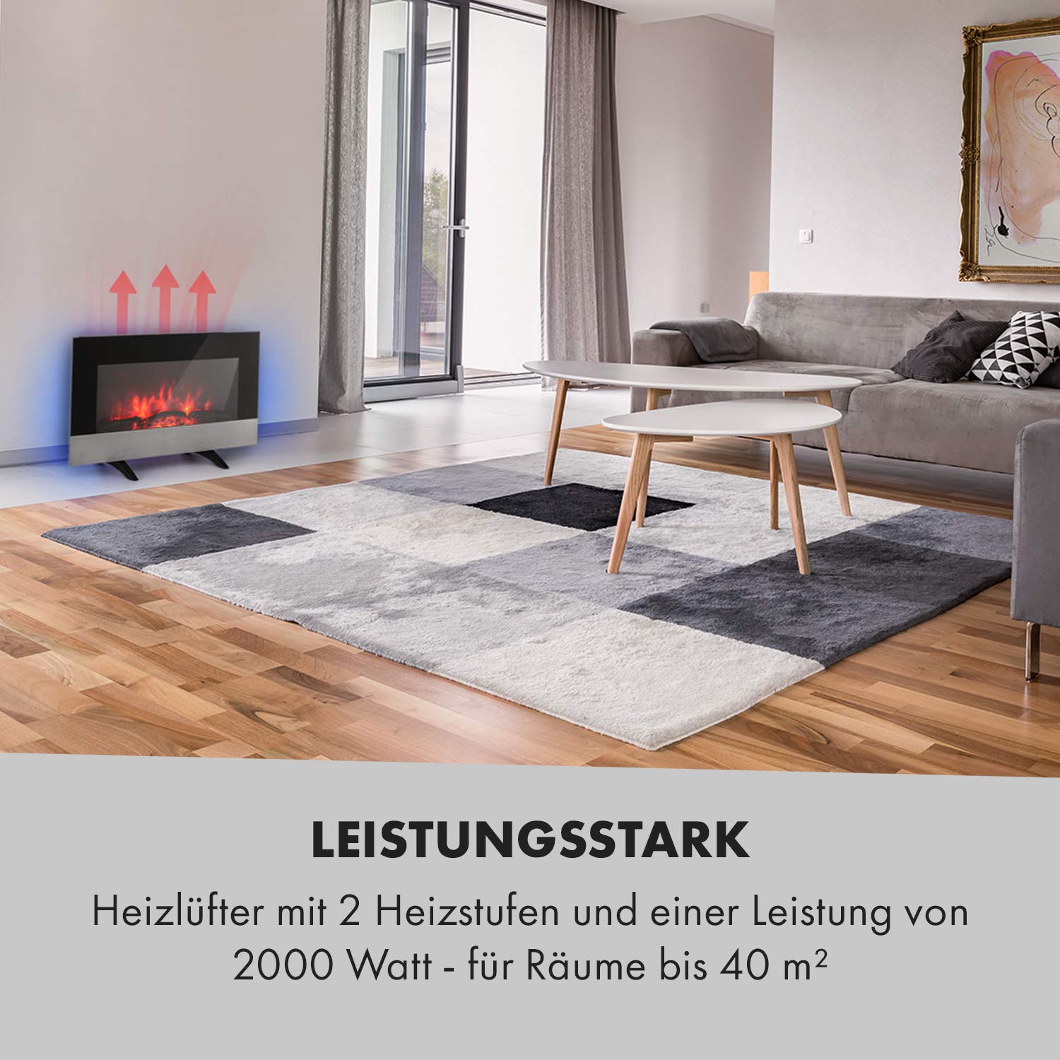 Klarstein Basel Elektrokamin - Heizlüfter mit 1000 oder 2000 Watt Heizleistung, 2 Heizstufen, LED-Flammenillusion in 7 Farben, Thermostat, Stand- oder Wandmontage, Wochentimer, schwarz