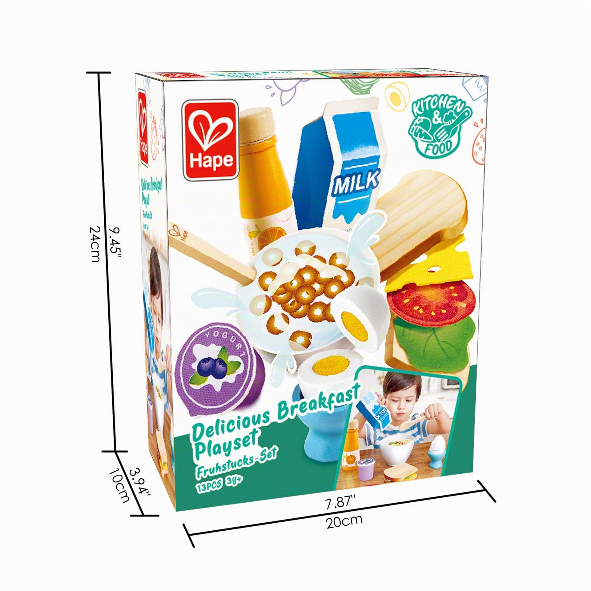 Hape Frühstücks-Set - Küchen-Fantasiespiel mit Frühstückszubehör, Holz Lebensmittel Spielzeug für Kinder, realistisches Küchenspielzeug für Rollenspiel und Lernspiel, für Kinder ab 3 Jahre