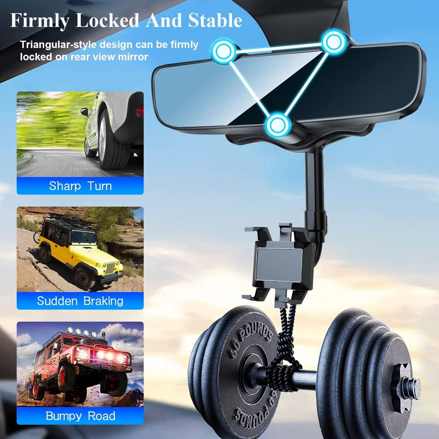 CELLMASTER DriveEase Multifunctional Car Mirror Mobile Holder β Versatile Rear View Mirror Mount for Vlogging & Navigation 3