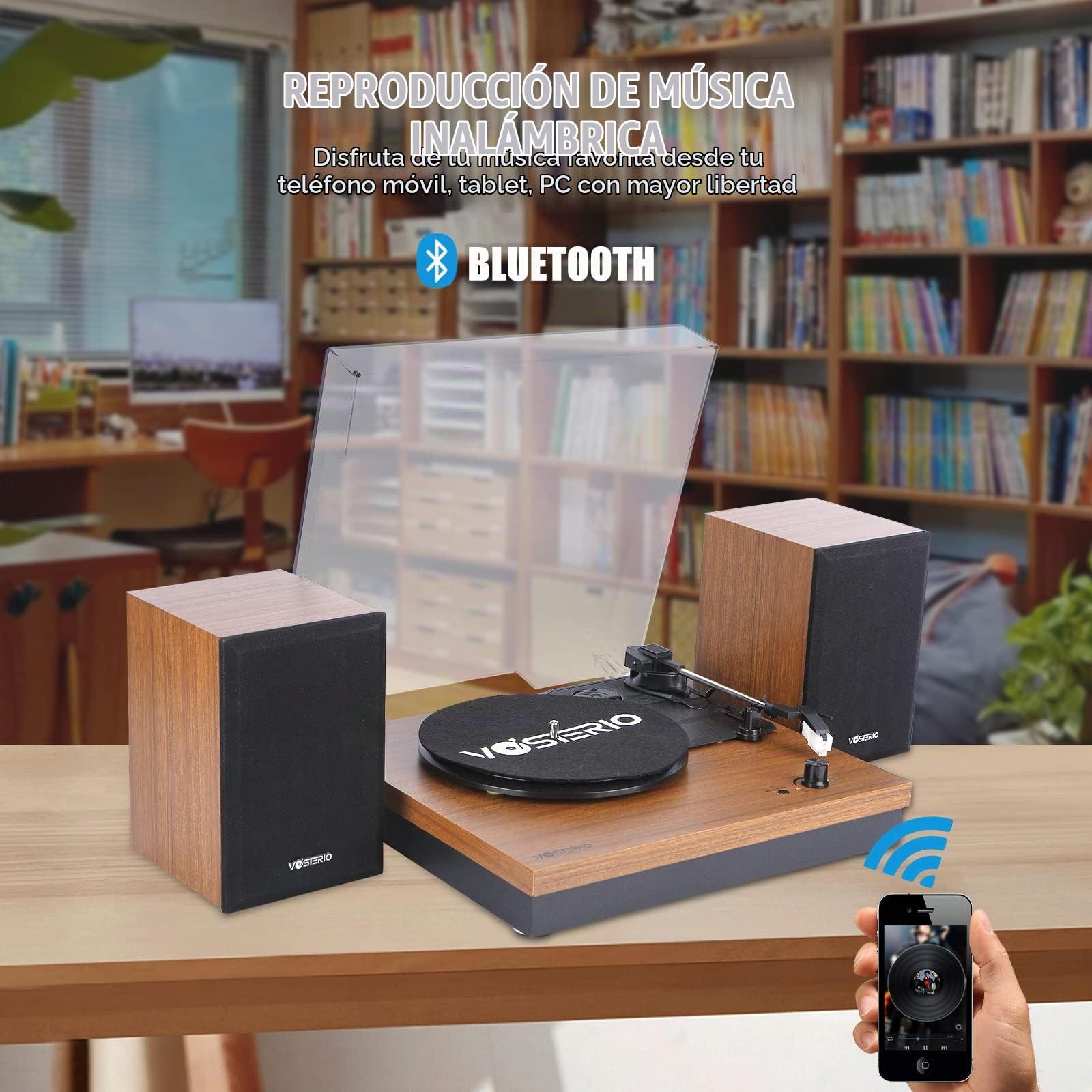 Vosterio Tocadiscos Bluetooth, Tocadiscos de 3 velocidades accionado por Correa con Entrada y Salida Bluetooth, Entrada Auxiliar, Dos Altavoces externos de 15 W, Reproductor de vinilos Retro, Nogal