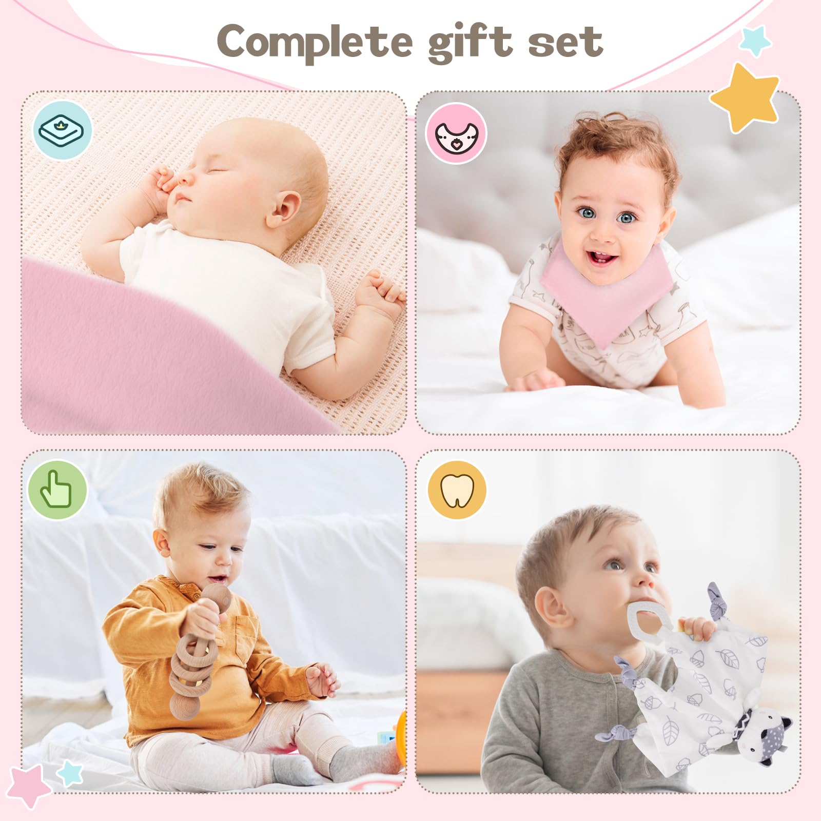 Set regalo per neonati alla nascita – 7 in 1 regalo per neonati per maschietto & femminuccia con coperta, spugna, sonaglio in legno, bavaglino, calzini e scatola dei ricordi – regali per neonati alla