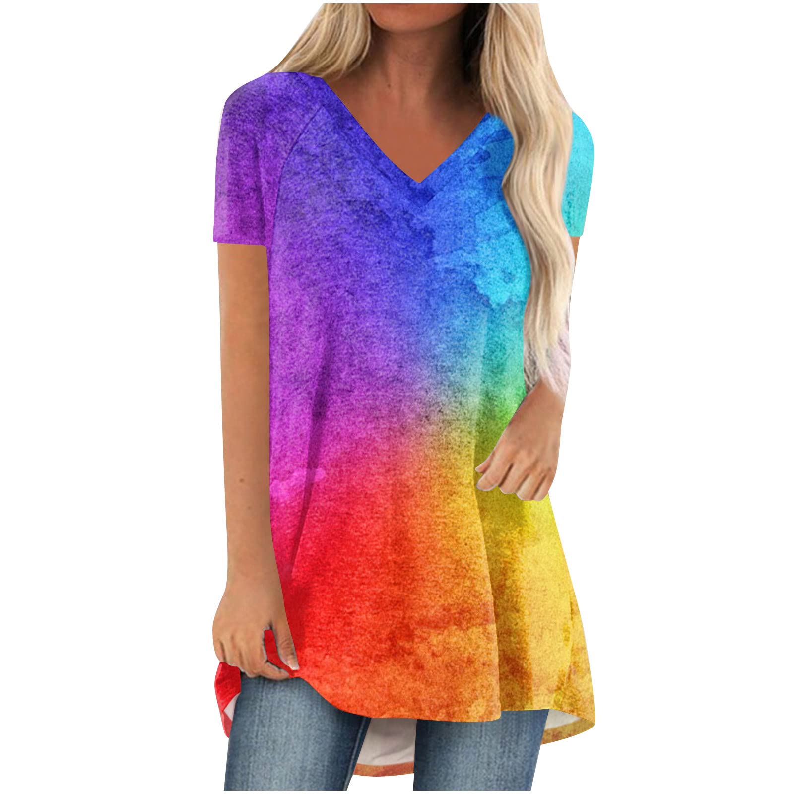 Hnodov2023 Treny Gradient Tops for Women, Ladies Plus Size Casaul Loose Tunic Top Short Sleeve V Neck Summer T Shirt Blouse