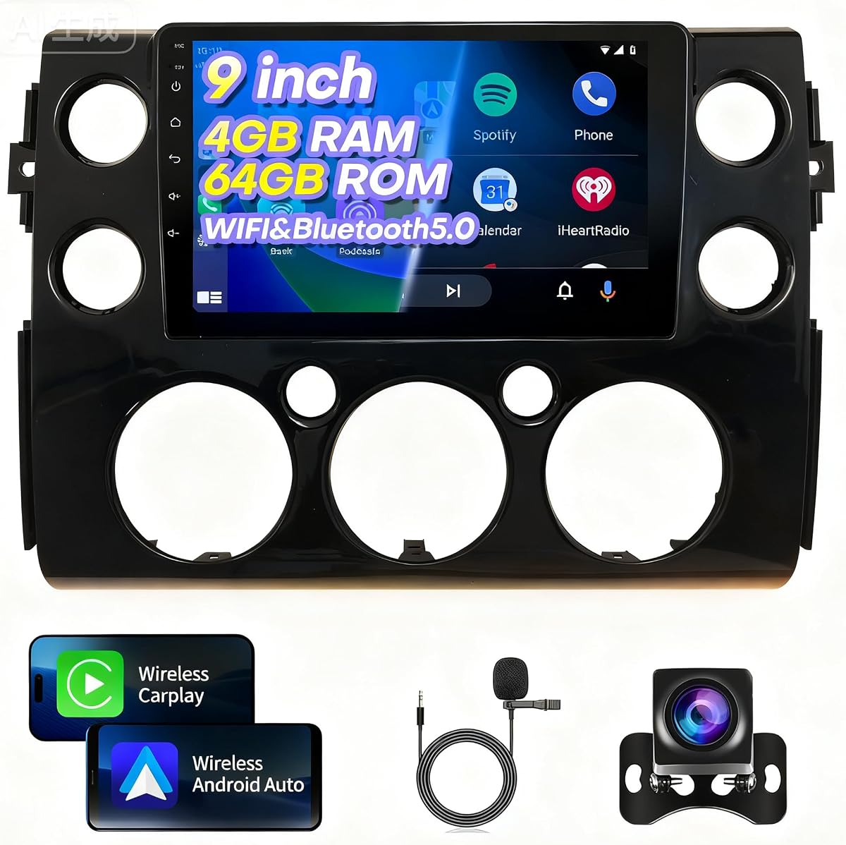 Radio de coche estéreo 4+64G para FJ Cruiser 2007-2017 compatible con actualización de radio JBL FJ pantalla táctil de 9 pulgadas con CarPlay Android navegación GPS automática cámara de respaldo SWC