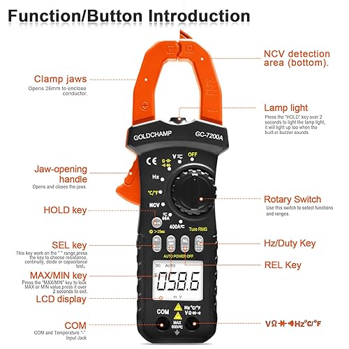 Miniatura 2 de Multímetro de pinza digital de 4000 cuentas Probador de voltaje de amplificador con aplicación, capacitancia, voltaje, resistencia, corriente CA RMS