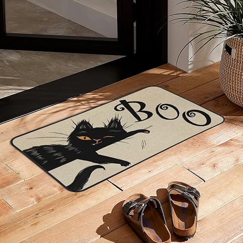 Miniatura 5 de Tapete decorativo de bienvenida de gato negro de Halloween, 17 x 29 pulgadas, antideslizante y lavable, tapete de goma trasera de goma para