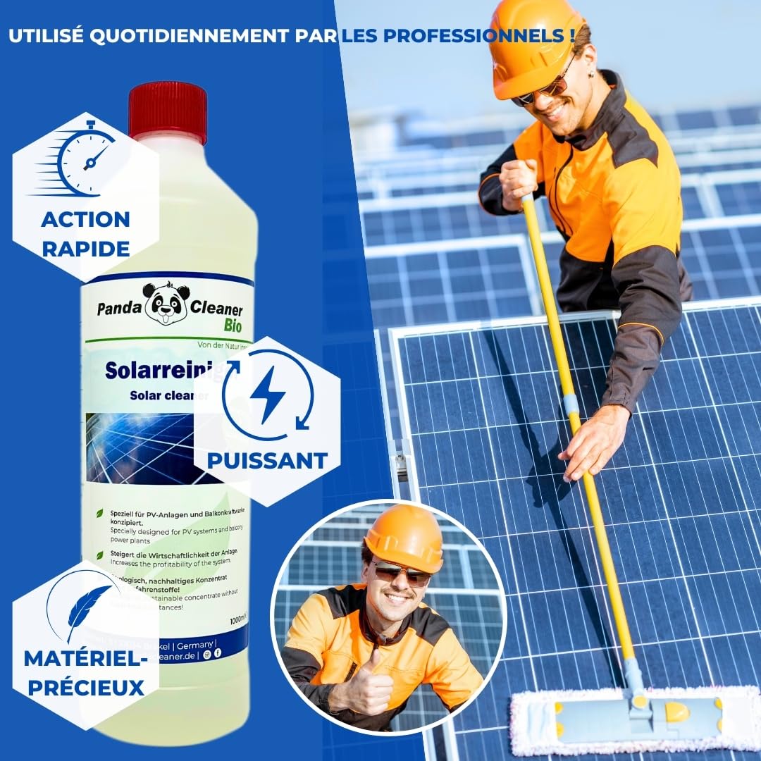 PandaCleaner Nettoyant solaire bio - 2 l de nettoyant photovoltaïque - Haute concentration 1:100 - Nettoyage et extension de la durée de vie - Pour les centrales électriques de balcon (2 x 1 l)