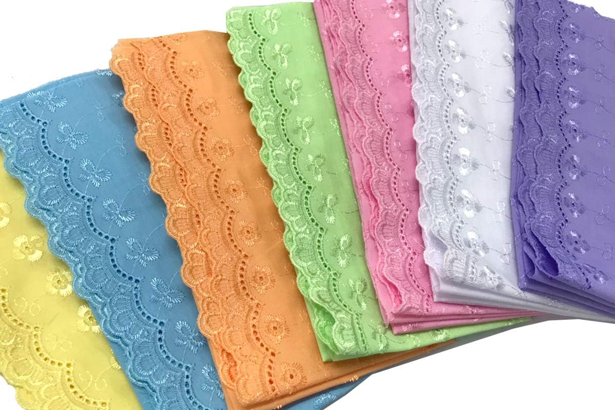 AMORNPHANSet of Daisy Floral Flower Embroidered Eyelet Lace 100% Cotton Quilting Fabric for Patchwork Needlework DIY Handmade Sewing Crafting Decor Face mask Precut 18x22 Inches (Set of 7 Pieces)
