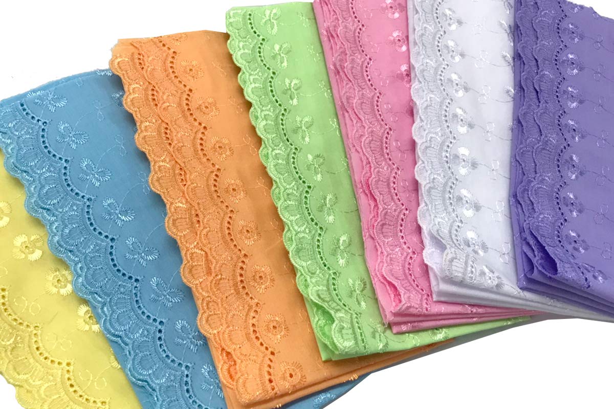 AMORNPHANSet of Daisy Floral Flower Embroidered Eyelet Lace 100% Cotton Quilting Fabric for Patchwork Needlework DIY Handmade Sewing Crafting Decor Face mask Precut 18x22 Inches (Set of 7 Pieces)