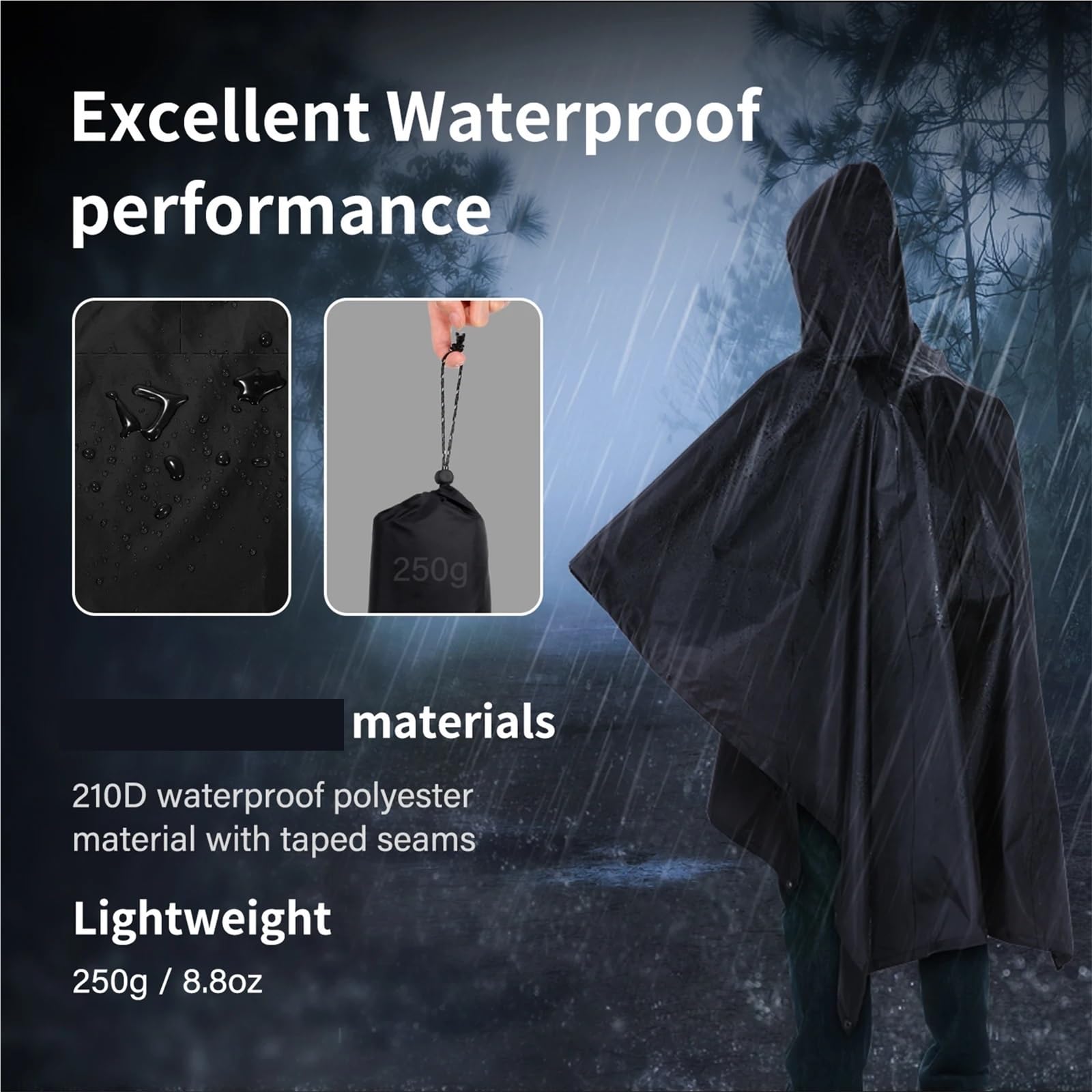 Poncho De Lluvia Poncho de Lluvia Impermeable 3 en 1, Abrigo Ligero con Capucha for la Lluvia, Estera de Picnic, Manta, Refugio Solar for Acampar al Aire Libre, Ciclismo y Escalada(Black)