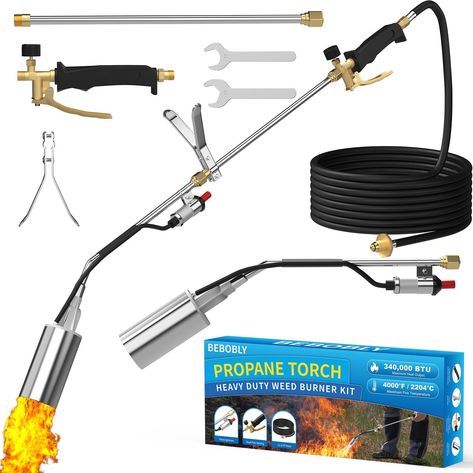 Propane Torch Weed Burner, Weed Torch High Output 340,000 BTU with 11.5FT Hose, Heavy Duty Blow Torch with Flame Control and Button Igniter, Flamethrower for Weeding, Roofing, Snow Melting, BBQ