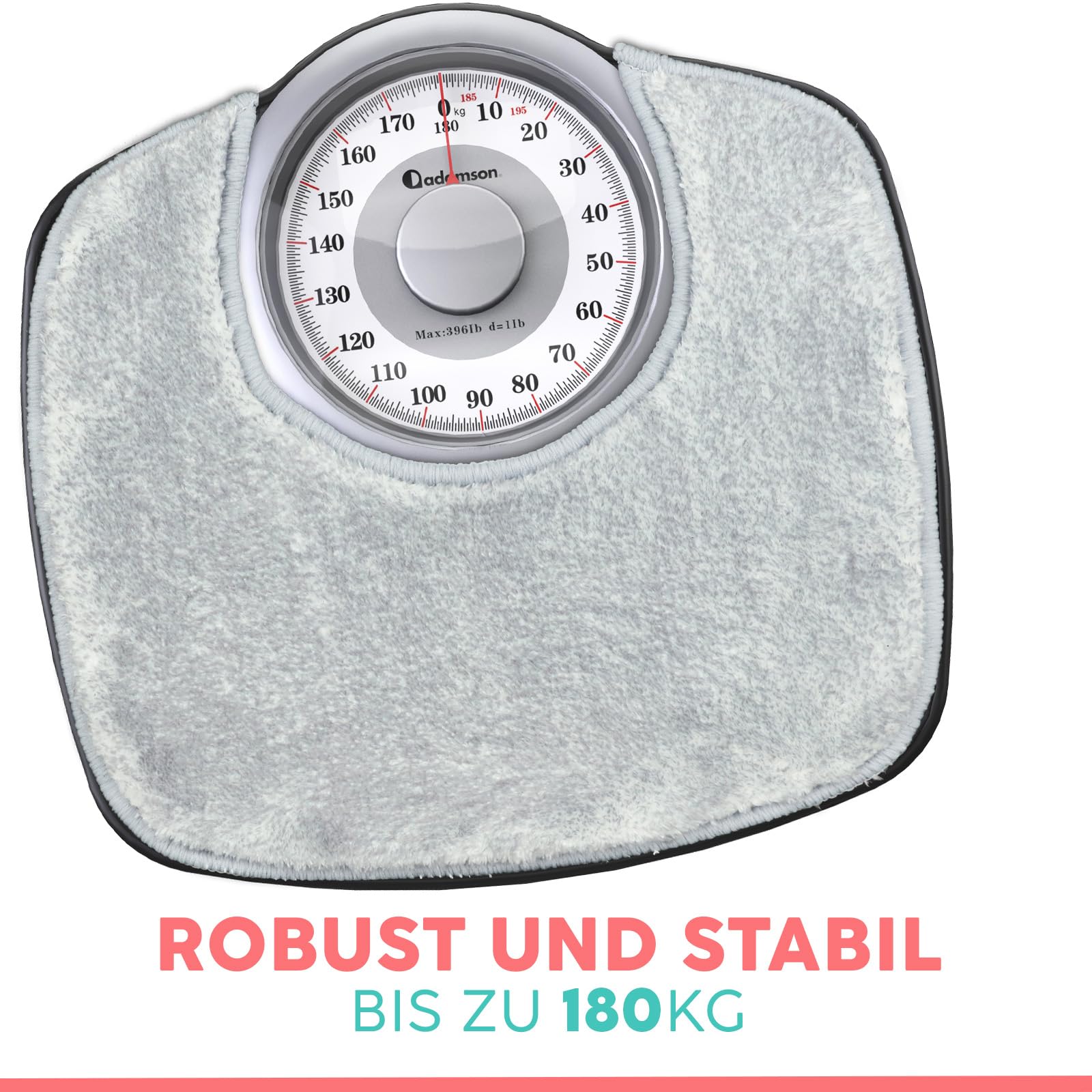 Adamson A25 Analogwaage - NEU - bis 180kg, rutschfeste Gummioberfläche, extra große Ziffern, hochpräzise Personenwaage Analog, langlebig, 20-Jahre Support für Haushalt, Schlafzimmer, Bad - Grey Rug