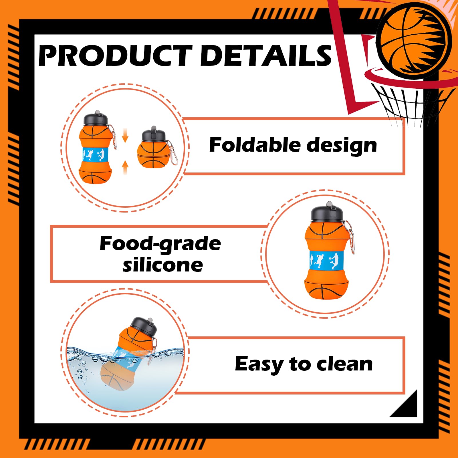 Botella de Agua Plegable de Baloncesto - Botella de Silicona sin BPA, 550ml, Ideal para Deporte y Viaje, Diseño Compacto y Reutilizable (Naranja)