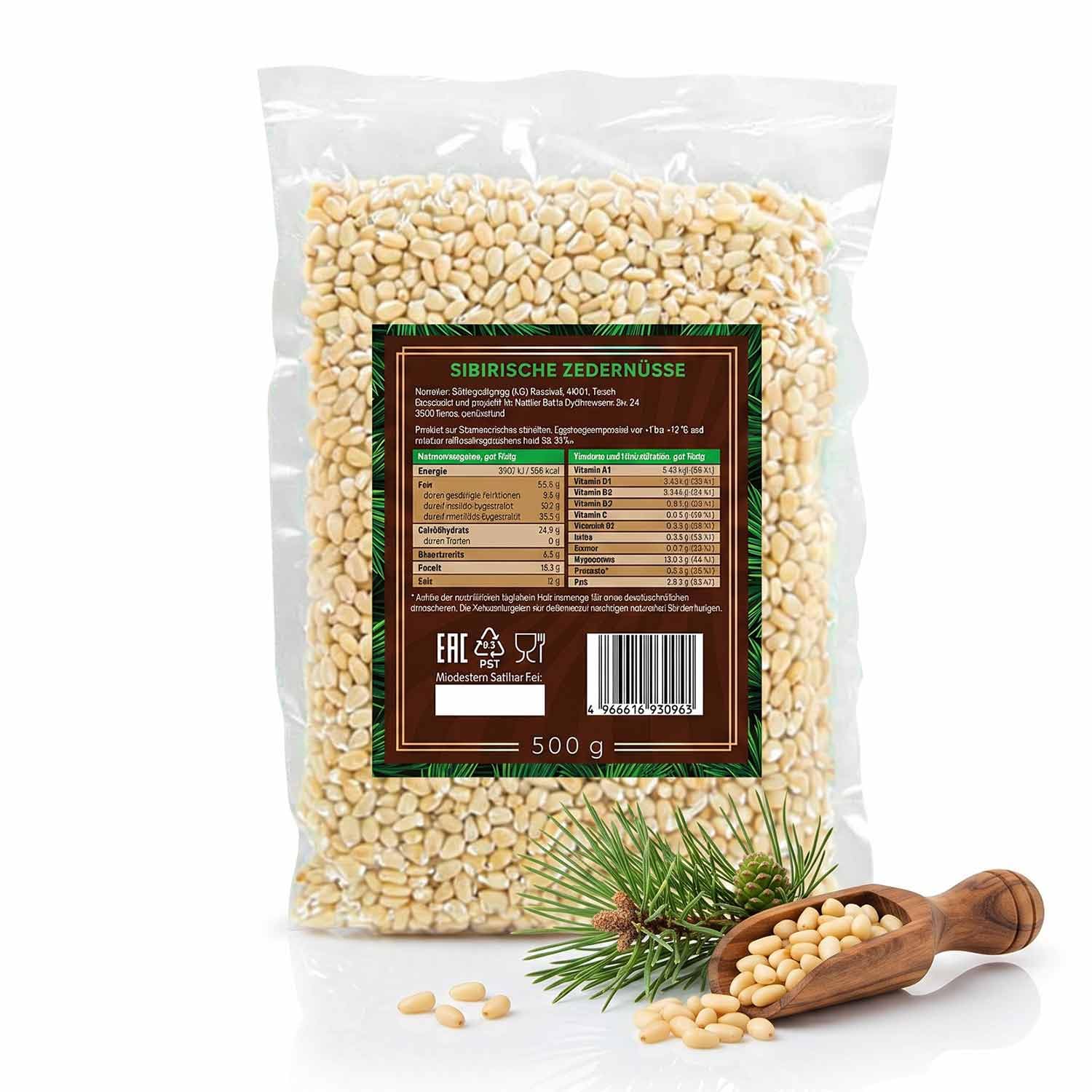 BARIN geschälte sibirische Zedernüsse Premium 500 g, reich an Vitaminen und Mineralstoffen, Sibirien, ohne jegliche Zusätze, Alternative zu Pinienkerne