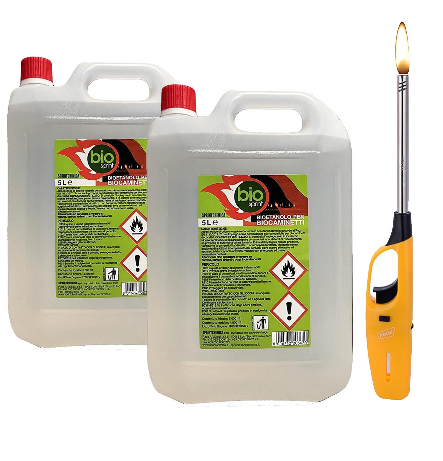 2 Pezzi - Bioetanolo combustibile stufe Bio Sprint 5 litri 99,9% inodore no fumo naturale no zolfo + Accendino Omaggio