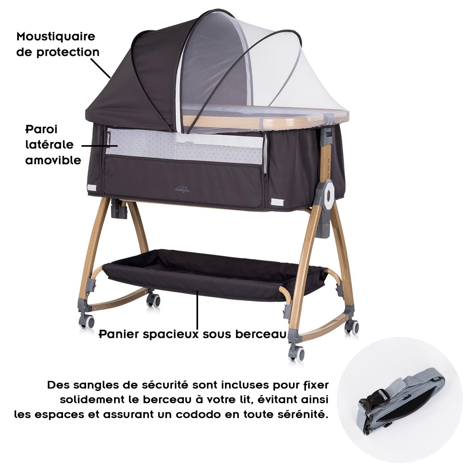 Chipolino Charisma Lit bébé cododo Ouverture latérale Inclinaison Anti-Reflux Hauteur réglable 6 Positions Gris Anthracite