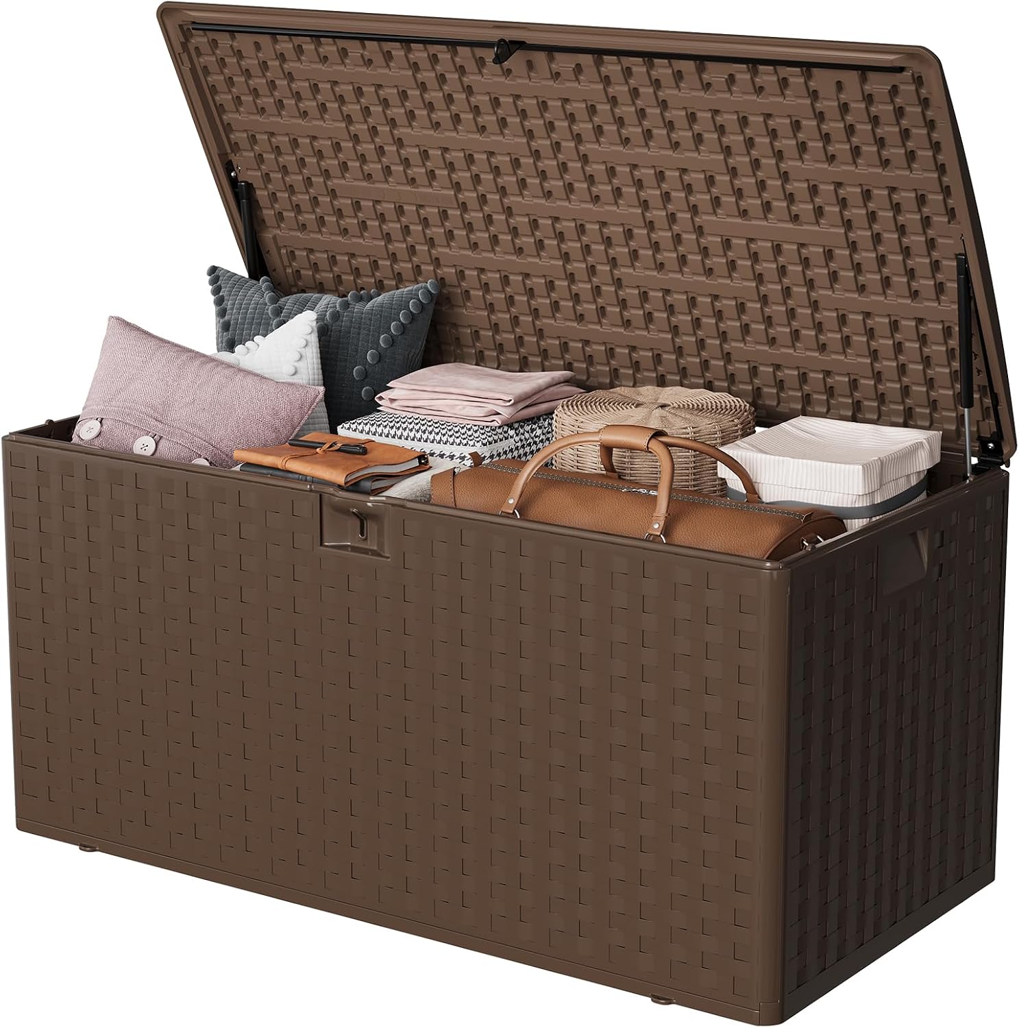 50*22*25 Inch Brown Resin Deck Box, 99 Gallon Outdoor Storage Box– Waterproof Lockable Outdoor Storage, Patio Container for Cushions/Garden Tools/Pool Accessories -Without Gas Strut Brown