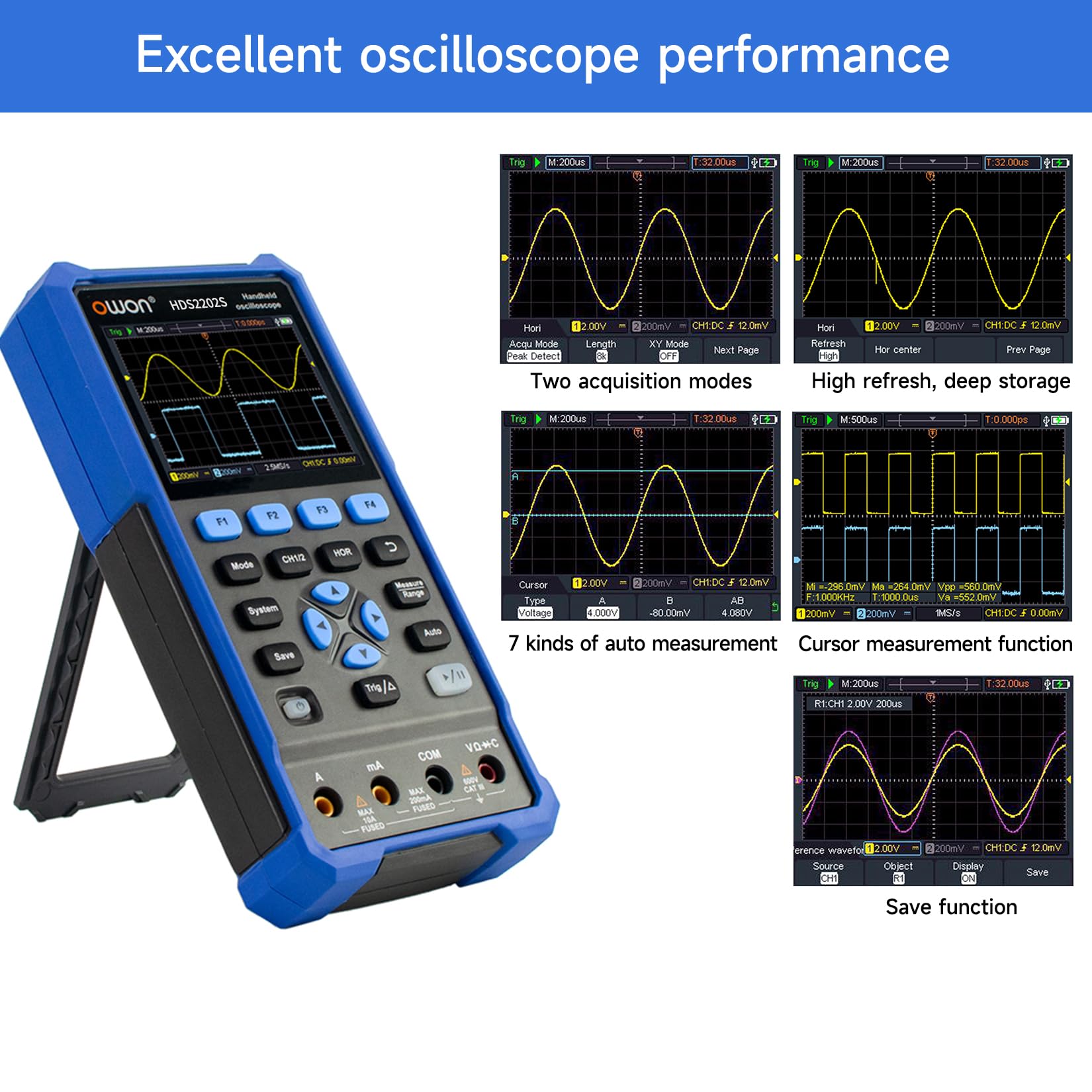 OWON HDS2202S 3 in 1 Hand oszilloskop, 200MHz Bandbreite USB Typ C mit 3,5 Zoll LCD Display, 20000 Zählungen Digital multimeter, 2Kanal Digital Oszilloskop und 1Kanal Wellenformgenerator