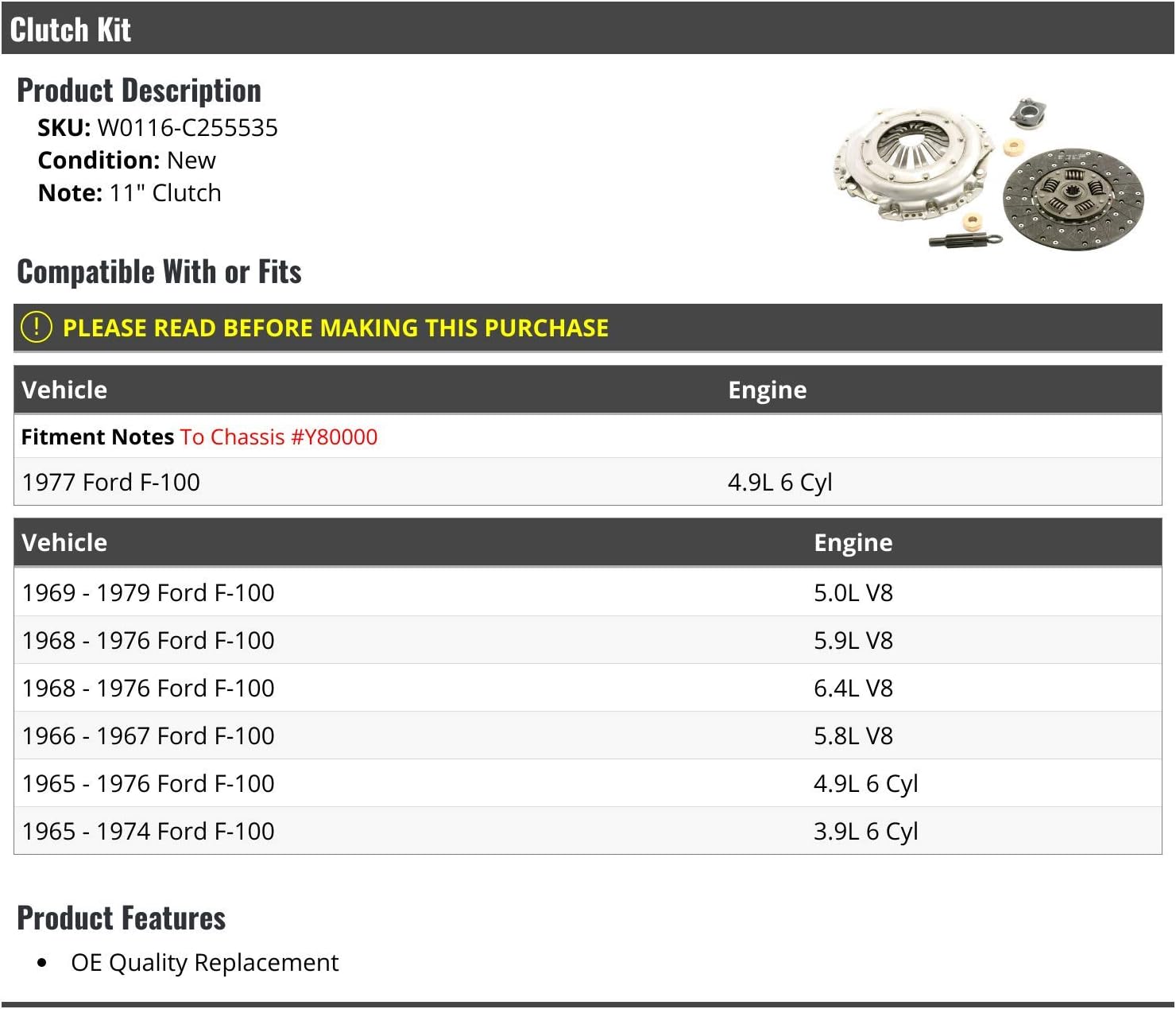 Marketplace Auto Parts W0116-C255535 Clutch Kit, 11 inch Clutch, Compatible with 1965-1979 Ford F-100