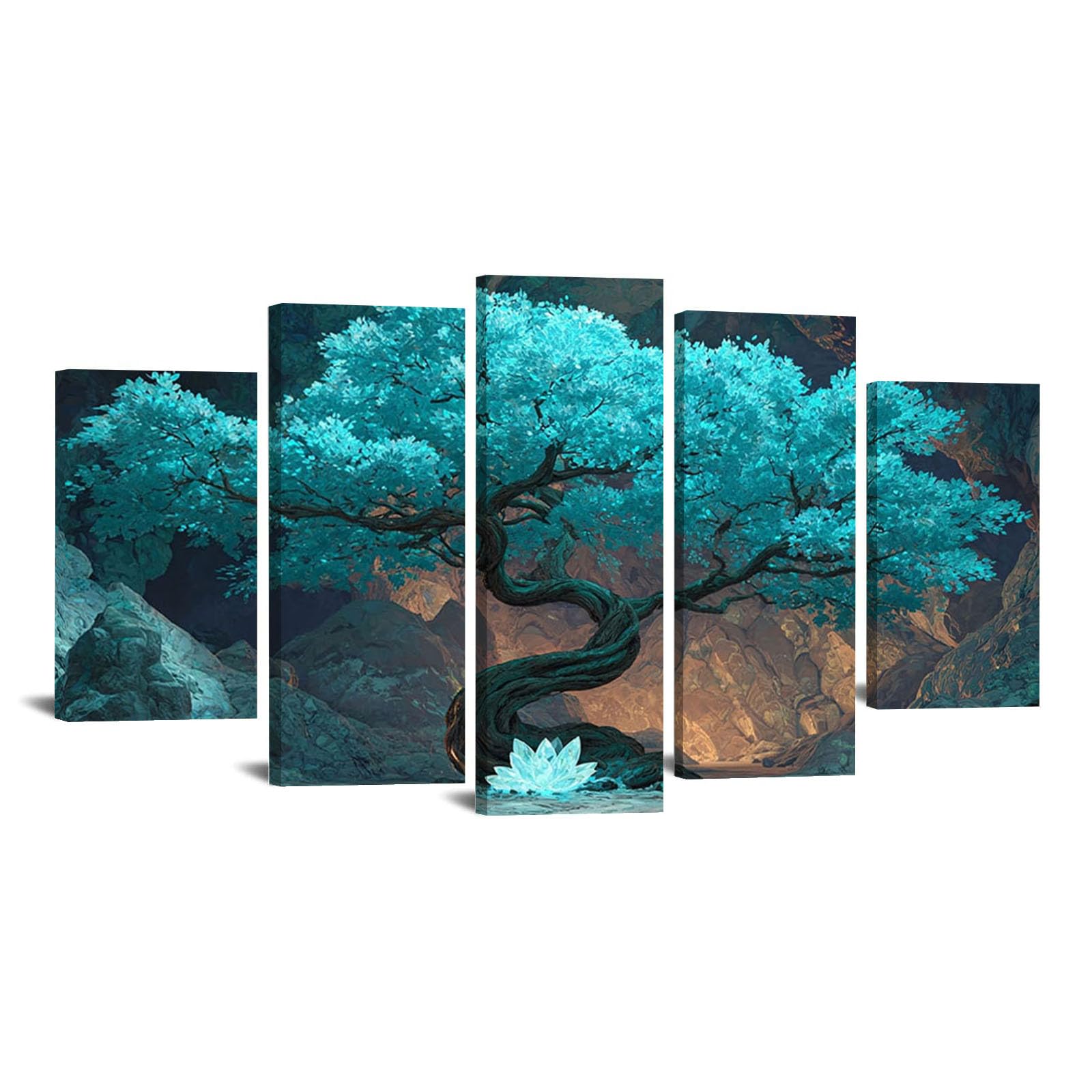 WIKEO Lot de 5 affiches Arbre de vie Impression sur Toile Illustrations abstraites en arbre Peinture Murale Moderne Poster Decoration- pour Le Maison,Salon,Chambre,Cuisine(Bleu)-100x200cm Encadrée
