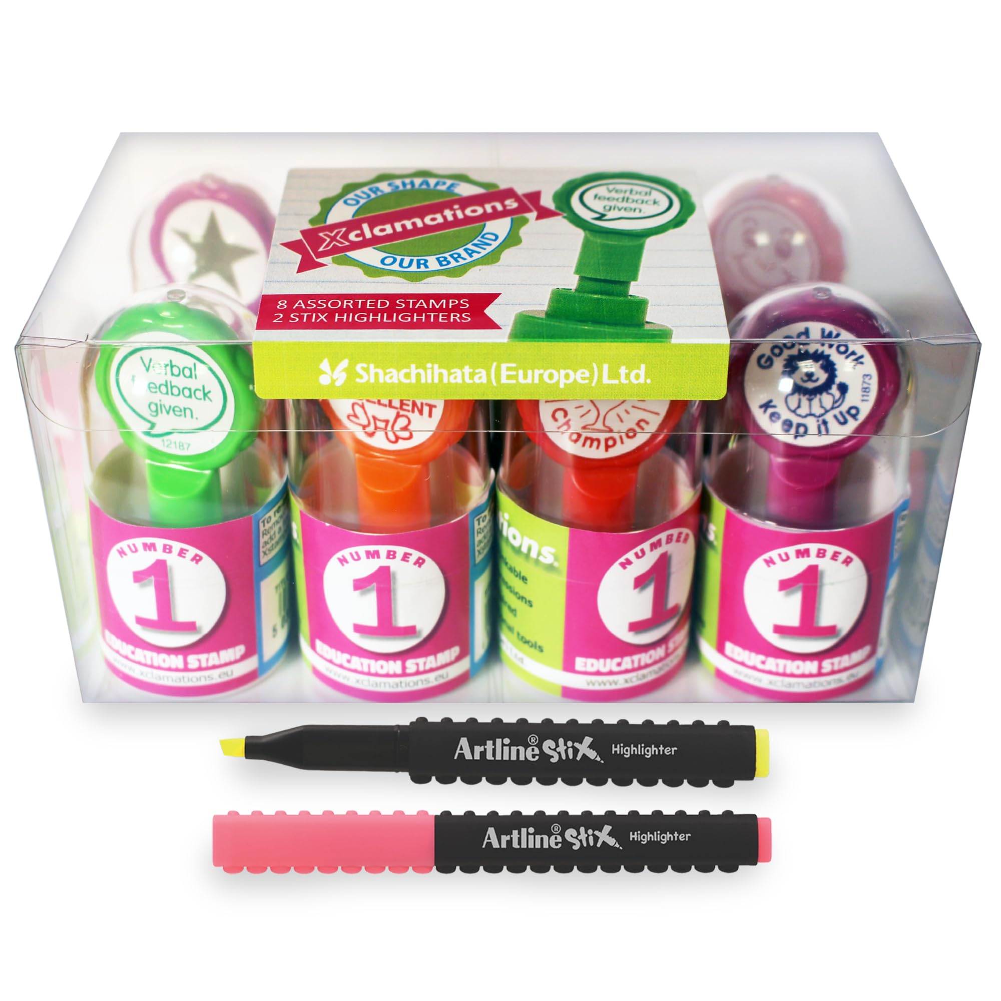 Xstamper Various Xclamations Teacher Stamp Set, 8 X Stamps And 2 X Highlighters (Impression Size: 22Mm). Pre-Inked & Refillable Stamper For Marking School Work - Genuine Self Inking Stamps