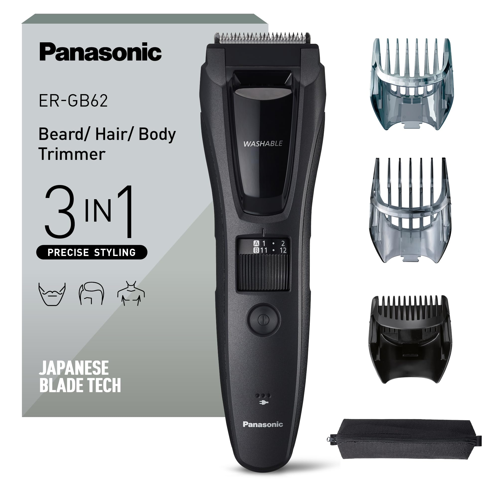 Panasonic ER-GB62-H503 Bart-, Haar- & Körperschneider für Männer, tragbarer, kabelloser, wasserdichter Trimmer, 39 Längeneinstellungen, 3 Aufsätze, kabelloser & kabelgebundener Betrieb, Mattgrau