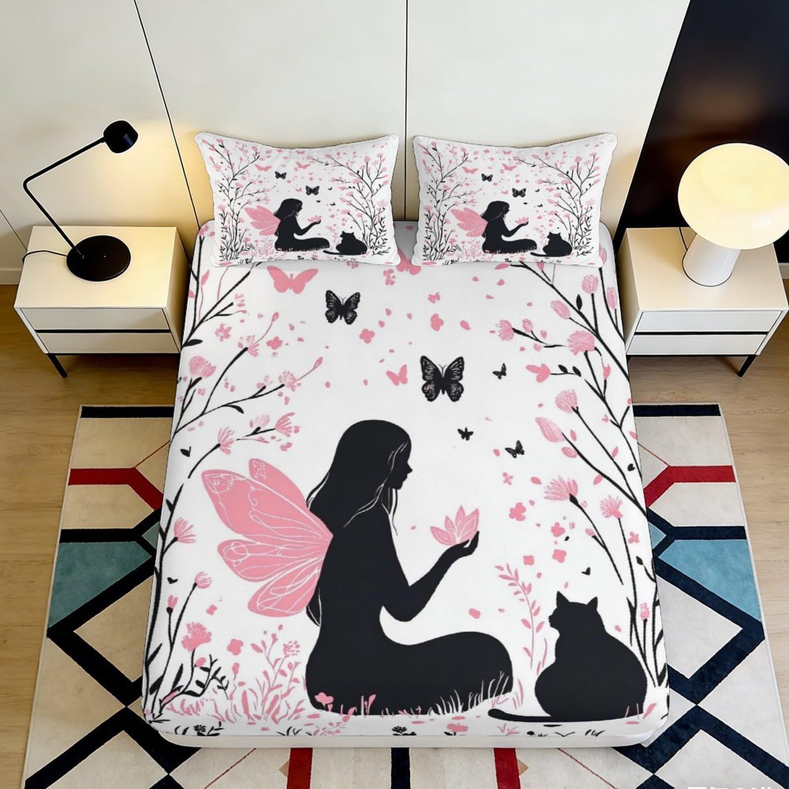 3D Printed Fairy Silhouette Fitted Sheet Microfiber Soft Breathable Butterfly Bed Cover for Bedroom Dormitory Guest Room Mattress Protection Decor 120x200x25cm