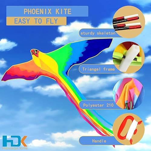 Miniatura 10 de HENGDA KITE - Fuerte fénix para niños y adultos con cola larga y colorida Enormes cometas coloridas para principiantes con pájaros arcoíris de 74