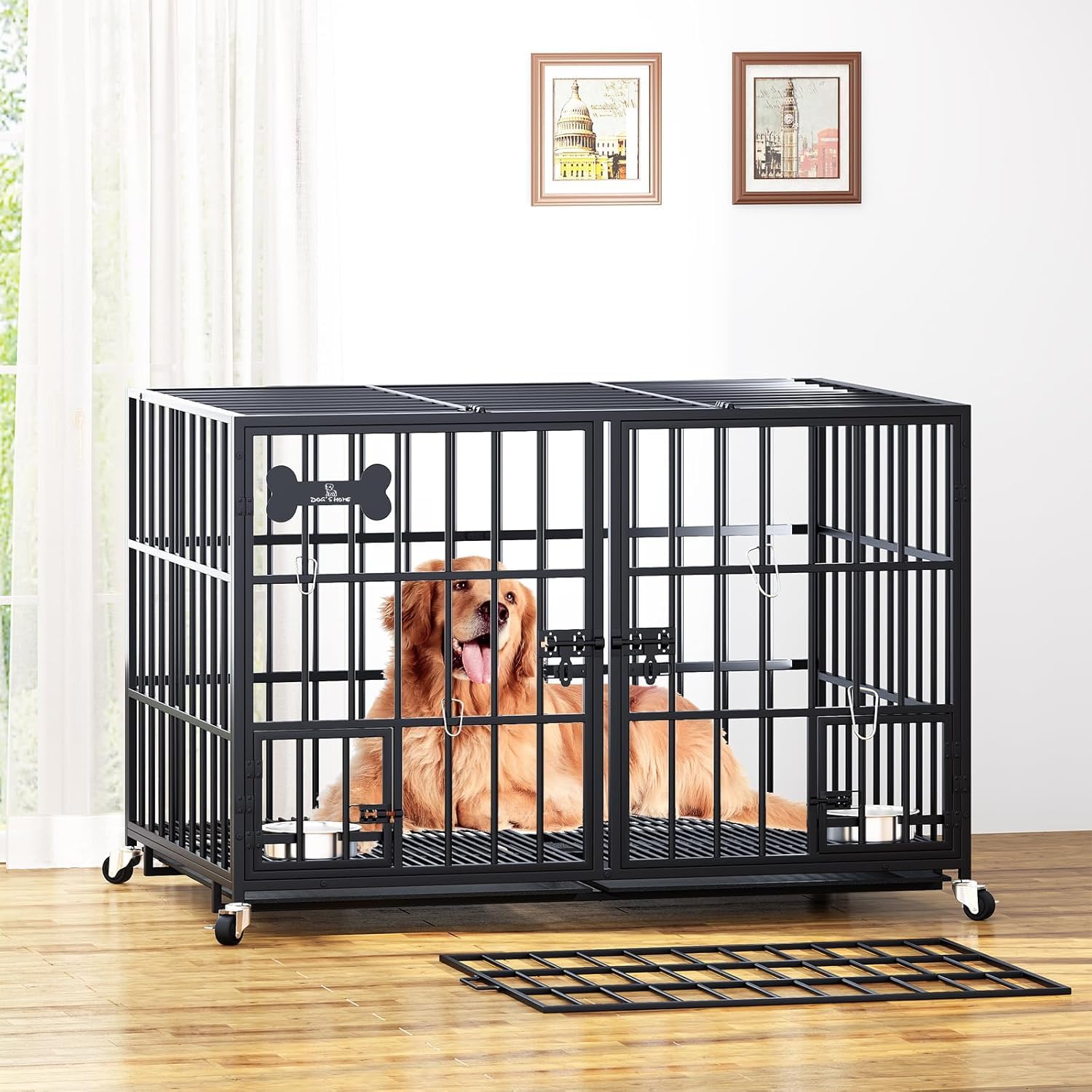 Jaula para perros con bandeja inferior, jaula para perros con divisor, 2 puertas y bandeja, caja doble 2 en 1 para perros grandes y medianos, 120 x 73 x 68 cm, color negro