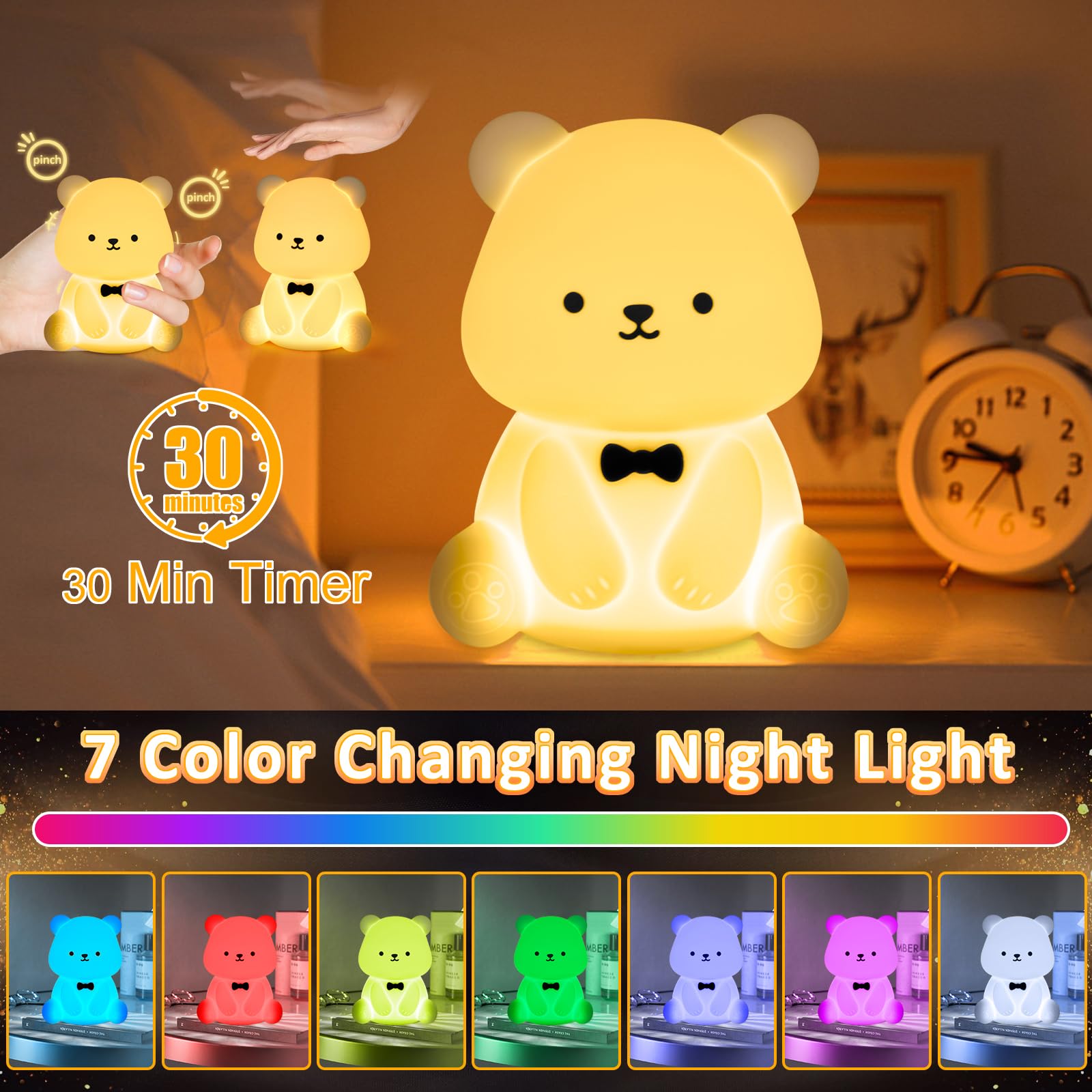 Veilleuse Enfant En Silicone Rechargeable USB - Lumière Chaude Réglable Et 7 Couleurs RVB, Tactile