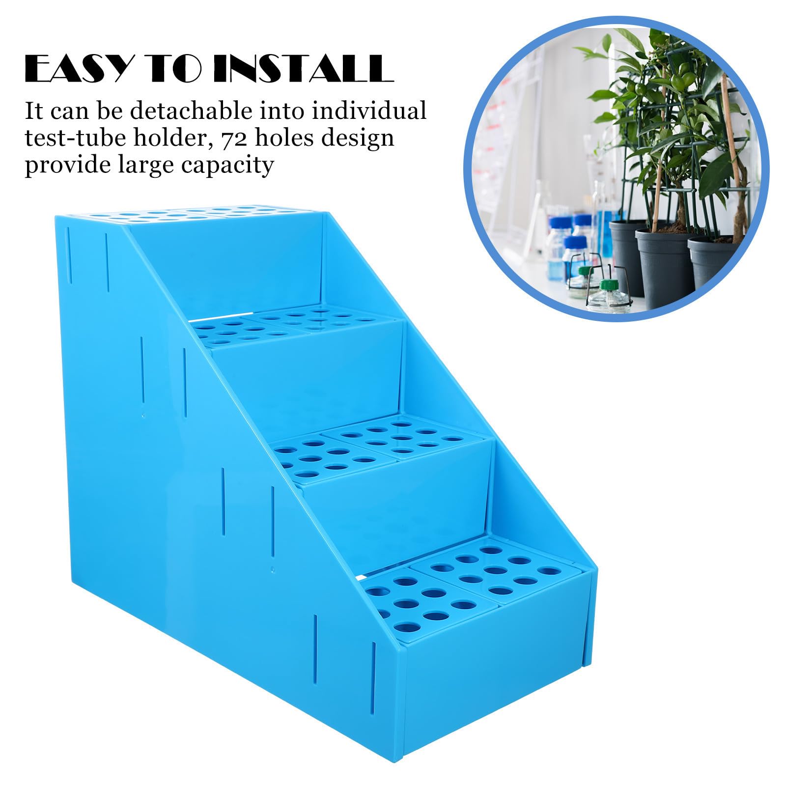 UKCOCO Portaprovette Multifunzione 72 Fori in Plastica Blu, Supporto per Provetta da 5ml e 10ml, Smontabile e Facile da Montare, Design Trapezoidale per Laboratori e Scuole