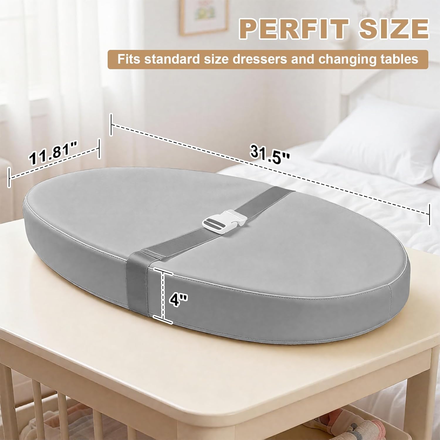 Baby Changing Pad for Dresser, with Wipeable Waterproof PU Cover, Contoured Diaper Changing Pad with Non-Slip Safety Belt, Portable Lightweight Changing Mat with Cushioned Foam, Grey