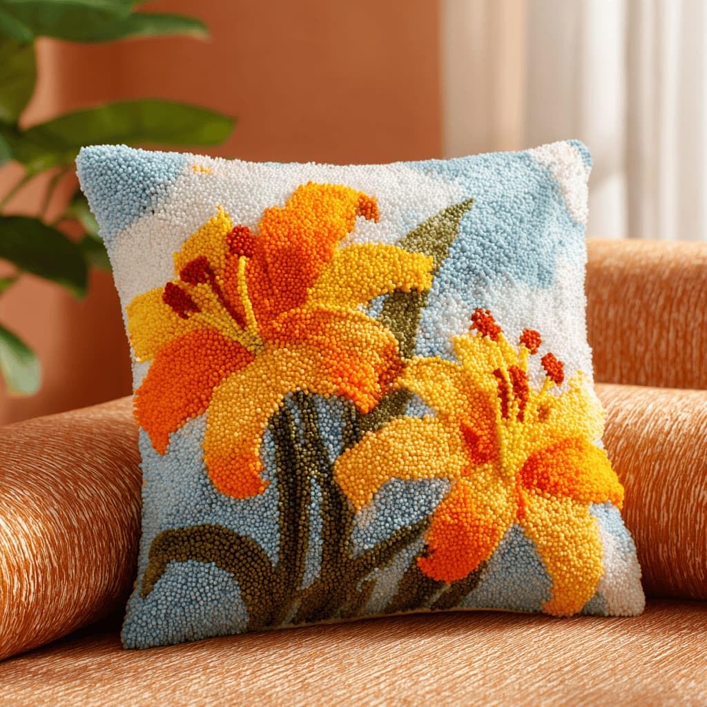 Kitquiver Latch Hook Cushion Kit,Lily DIY Throw Pillow Cover 43X43Cm