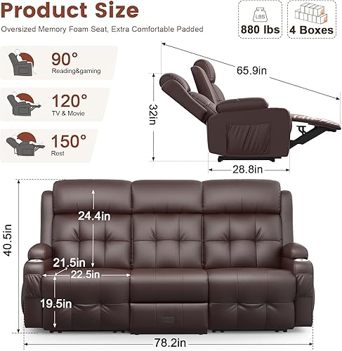 Miniatura 6 de Recliner Sofa, Massage Reclining Sofa 3 Seater Sets Heavy Weight Capacity, RV Loveseat Couch Clearance with Flip Back Console, Storage, Cup Holders,