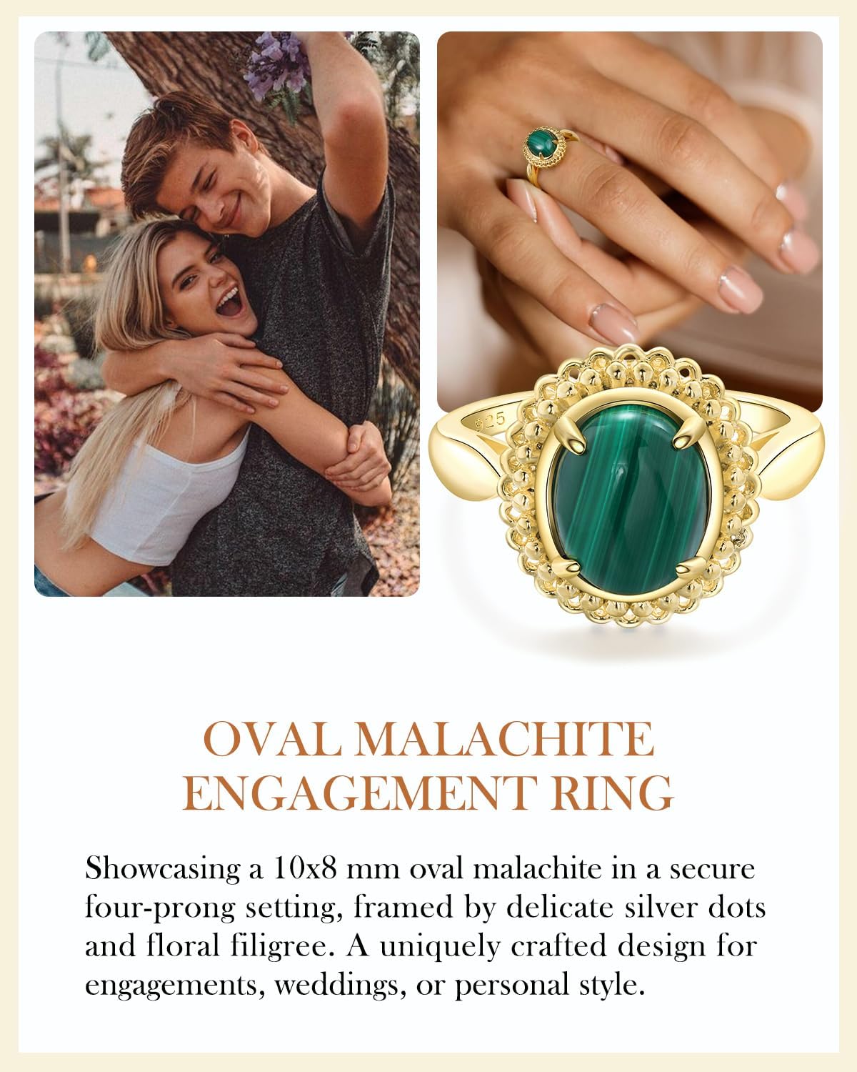 AIBAO Genuine Gemstone Filigree Rings for Women Oval Turquoise/Lapis Lazuli/Malachite Engagement Ring Size 6 to 10 Western Boho Jewelry Gifts for Valentines Anniversary Mother's Day