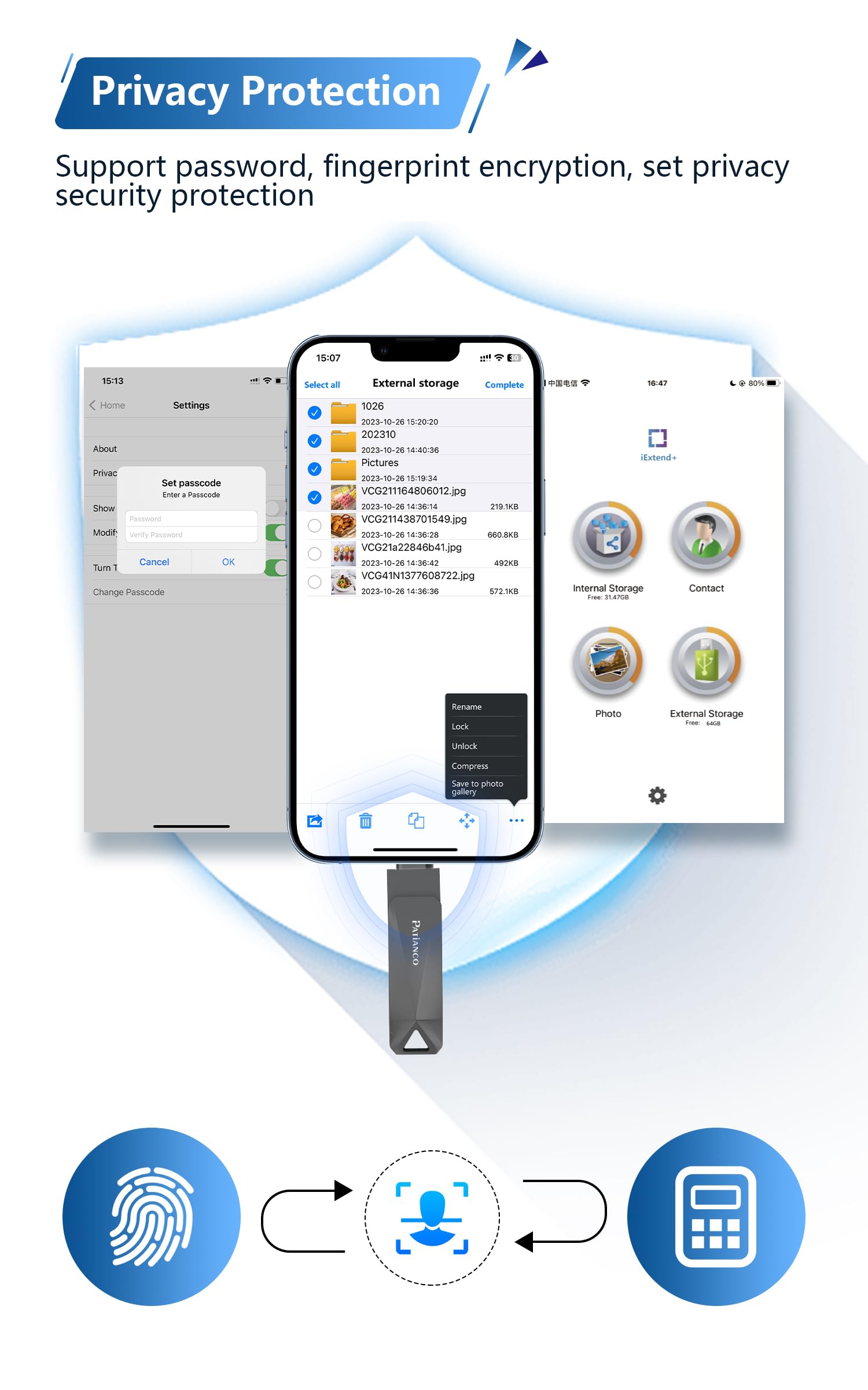 Patianco Chiavetta USB per iPhone 64GB [MFi Certified] USB 3.0 Pendrive per Lightning Chiave USB C Memoria Stick 3 in 1 Backup Rapido con un Clic per OTG Android/Mac/PC/Type C-iPhone/iPad(64GB,Nero)