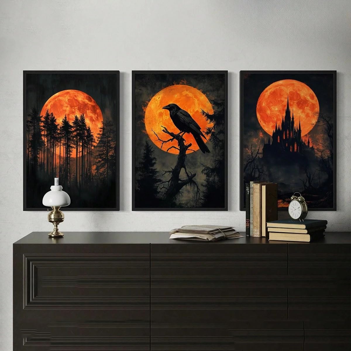 Cuadro decorativo de Halloween de 3 piezas: Cuervo en un árbol, decoración gótica de castillo embrujado (70x90cm x 3/con marco)