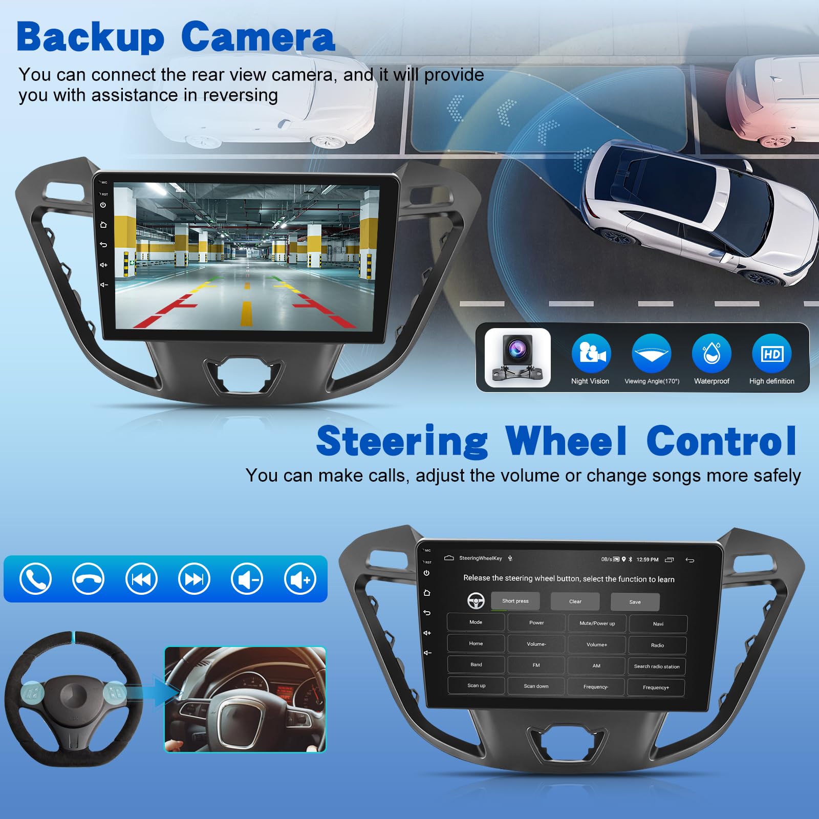 Android Autoradio pour Ford Transit Tourneo Custom 2013-2021, 9 Pouces Écran Tactile Stéréo Supportant sans Fil Carplay & Android Auto/GPS/WiFi/EQ Audio/Bluetooth/FM RDS Radio/SWC