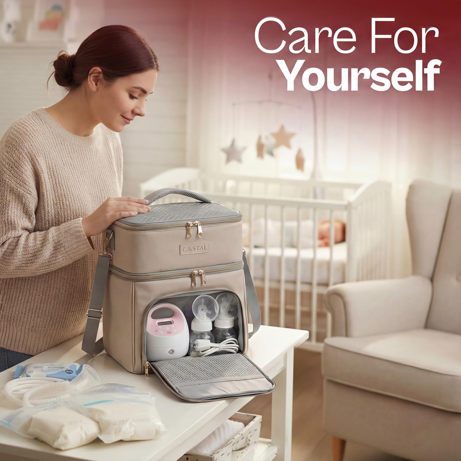 Castal Breast Pump Bag Diaper Tote Bag with Ice Pack, Fit Most Breast Pumps Like Medela, Spectra S1,S2, Evenflo–Double Layer Bag Holds 6 Milk Bottles with Elastic Strap–Black