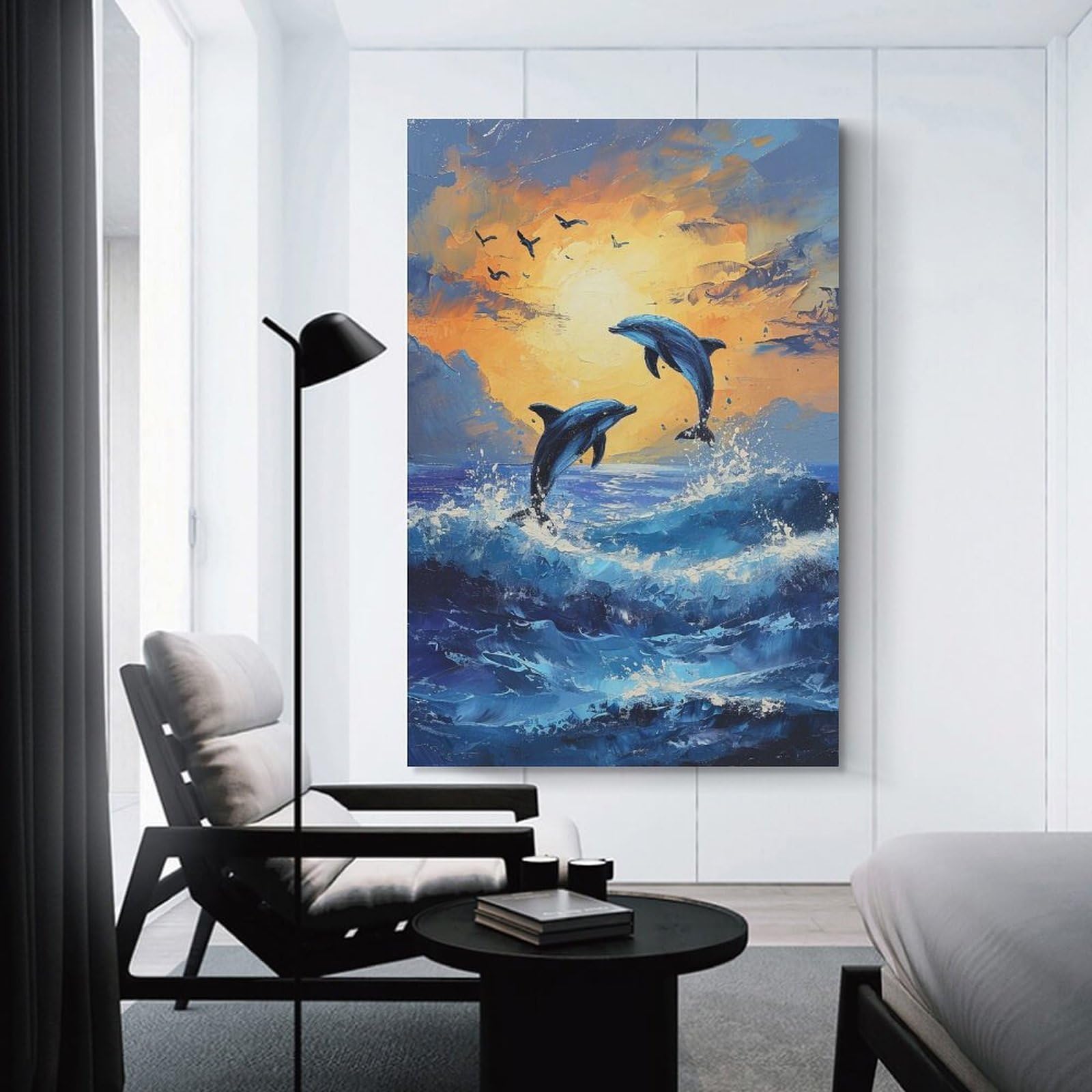 Junmoney Two Dolphin Jumping Decorative Wall Artwork 24x36inch(60x90cm), for New Homes, Bedrooms Or Workspaces, A Wall Art Gift for Fresh Interiors