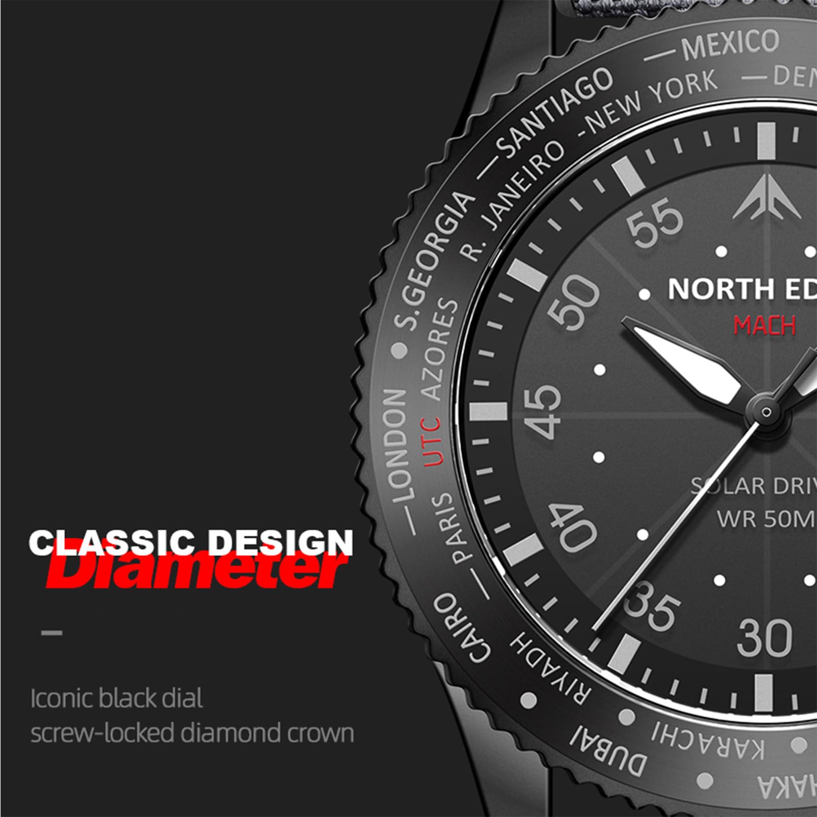 plplaaoo North Edge Mach Pilot Solar Watch para Hombres Visión Nocturna de cronógrafo Impermeable de 50 m Que Dura hasta 180 días Case de Acero Inoxidable de Acero Inoxidable TPR TPR TPR