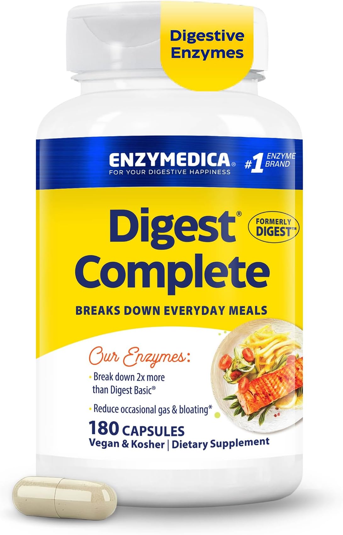 Enzymedica Digest Complete - Digestive Enzyme Supplement for Women & Men, Enzyme Capsules for Digestion, Gut Health Support, Helps Gas & Bloating, Energy Support, Vegan - 180 Caps