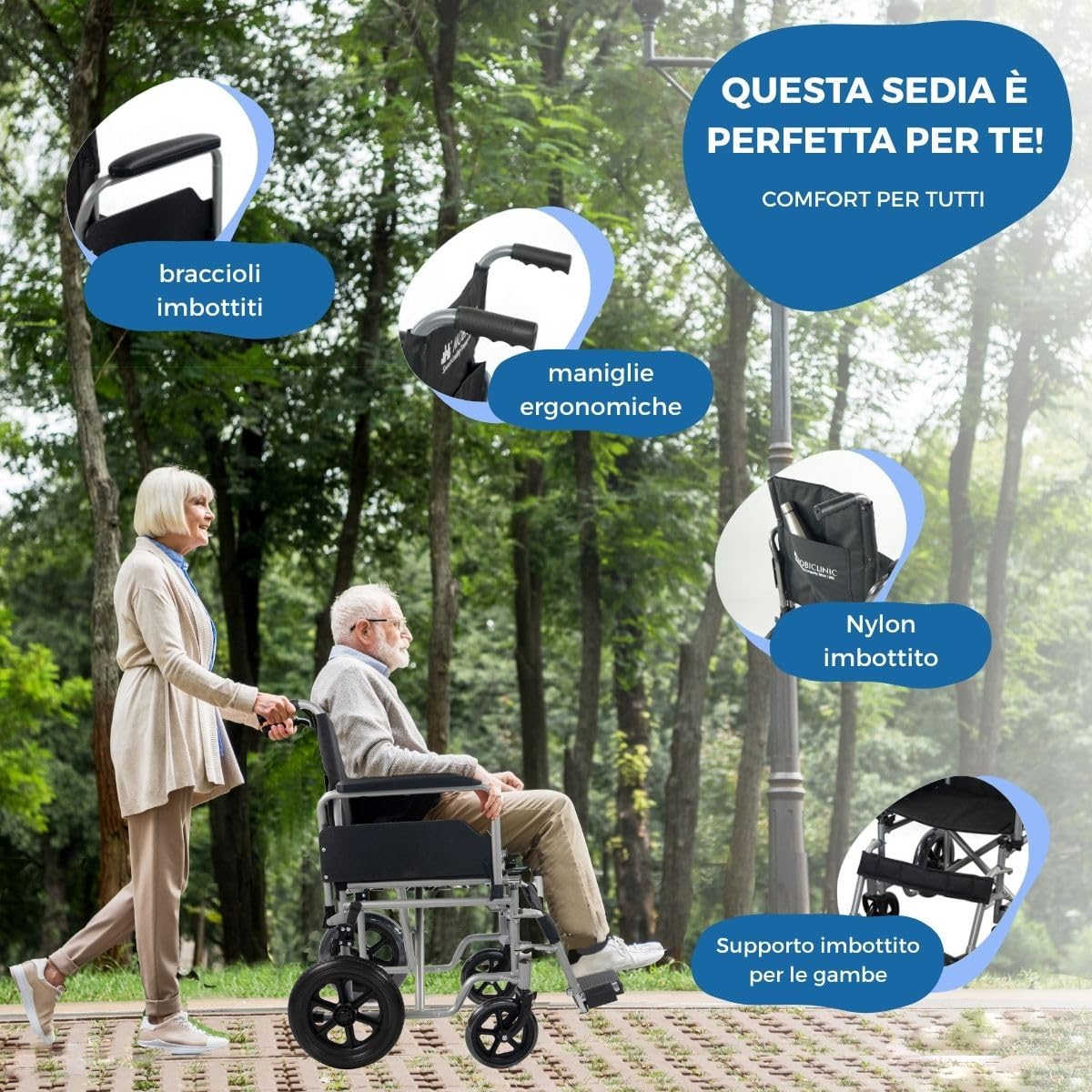 Mobiclinic®, Sedia a rotelle pieghevole, Marsella, Marchio europeo, Robusta, Seduta 46cm, Poggiapiedi e braccioli pieghevoli, Freno leva, Ruote sgancio, Argento