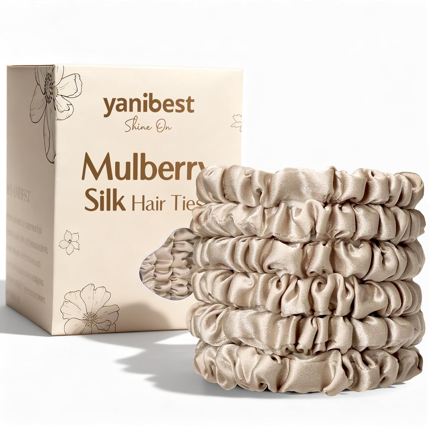 Yanibest 6 pcs 100% Mulberry Silk Scrunchies Non-Slip Scrunchies No Damage Silk Hair Ties for Women and Girls,Champagne