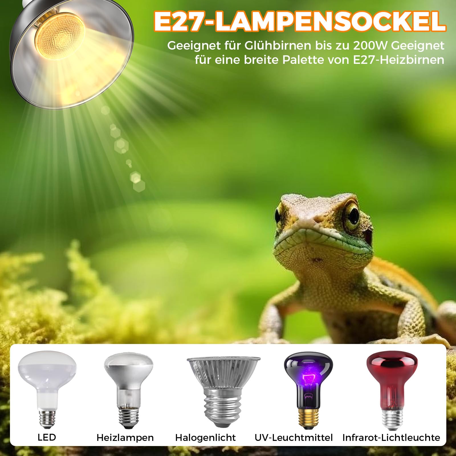 E27 Reptilien Terrarium Wärmelampenfassung 200W Dome Lampe 21CM Wärmelampen Schildkröten AC220-240V Reptilien Lampenschirm für Terrarium, Eidechsen, mit Haken und Klammern (Keine Glühbirne)